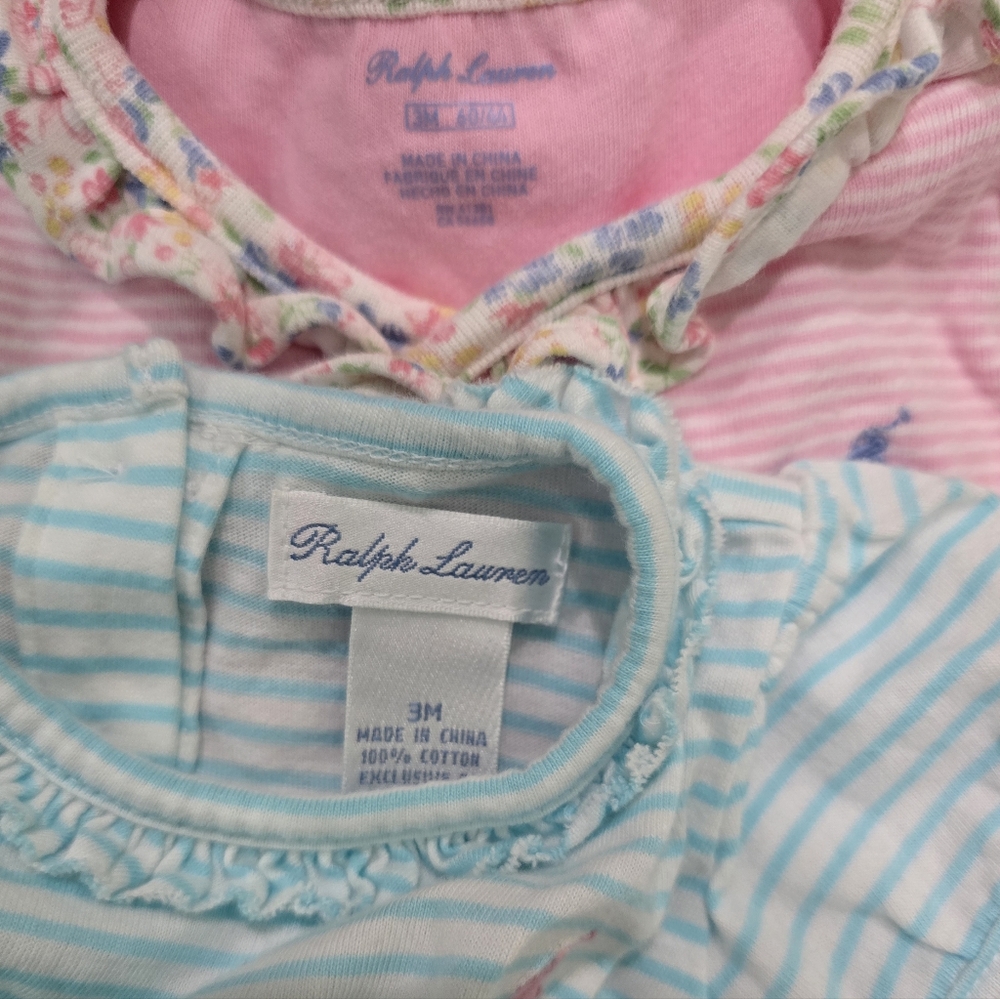 Baby Polo Ralph Lauren Pink Coverall Romper & Blue Ruffle Dress Size 3 Month - Picture 4 of 5
